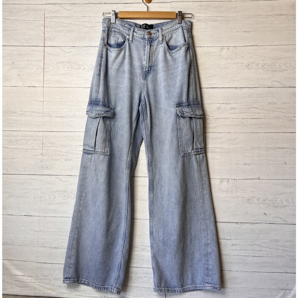 GAP Jeans Womens SZ 6/28 R Blue High Rise Wide Leg Cargo Light Wash 100% Cotton